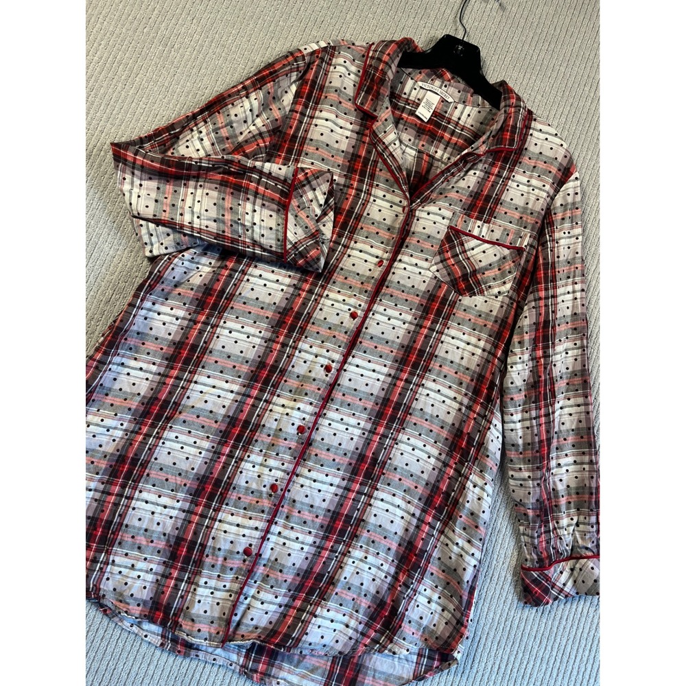 Victoria's Secret Sleep Dress Shirt Womens L Flannel Red Plaid Polka Dot Cotton